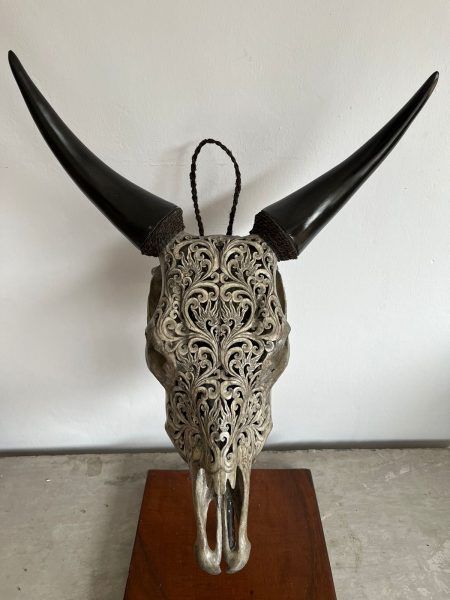 Schnitzkunst aus Bali. Die Bali Skulls von Skullartwork wurden traditionell hergestellt. Dieser Kuhschädel in silber ist ein Unikat und eine außergewöhnliche Deko oder Wanddeko.