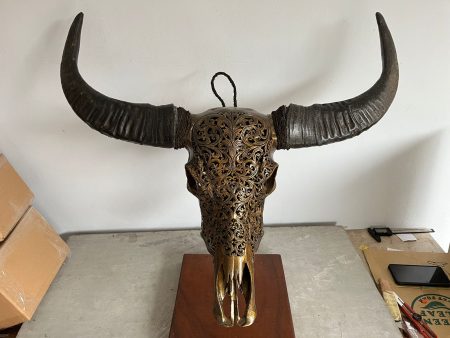 Bali Skull Wasserbüffel Kopf gold. Handgefertigter Schädel ,traditionell hergestellt auf Bali, ein Unikat als Deko.